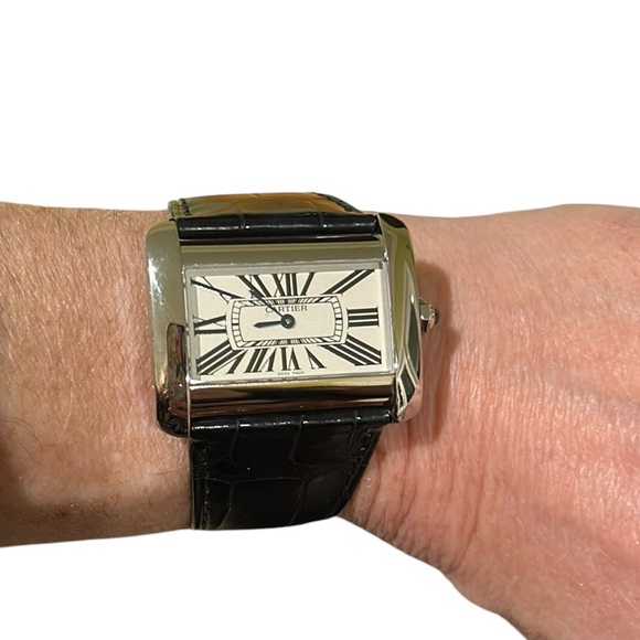 Cartier Divan Tank 38mm Stainless Steel Watch 2600 Black Embossed Leather Band - Picture 5 of 16